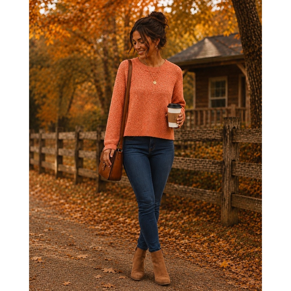 Croft & Barrow Womens Orange Marled Cotton Textured Knit 3/4 Sleeve Sweater L